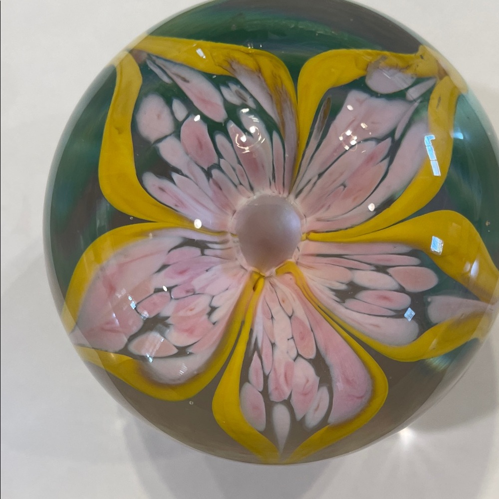 Pink & Yellow Floral Glass Art Paperweight
